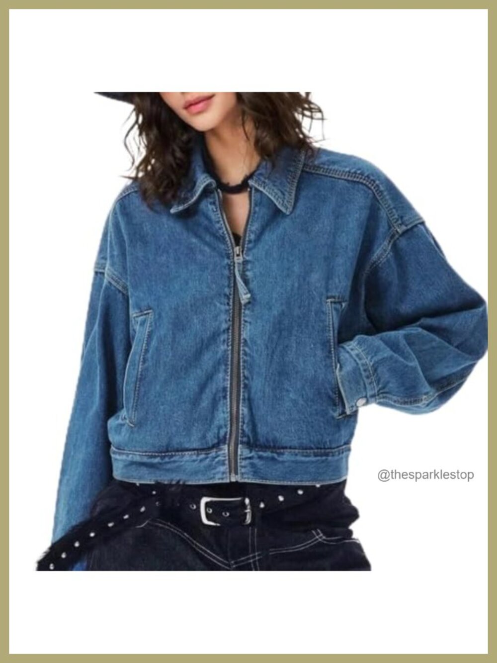 Women's Cropped Denim Bomber Jacket Loose Fit Zip Up Casual